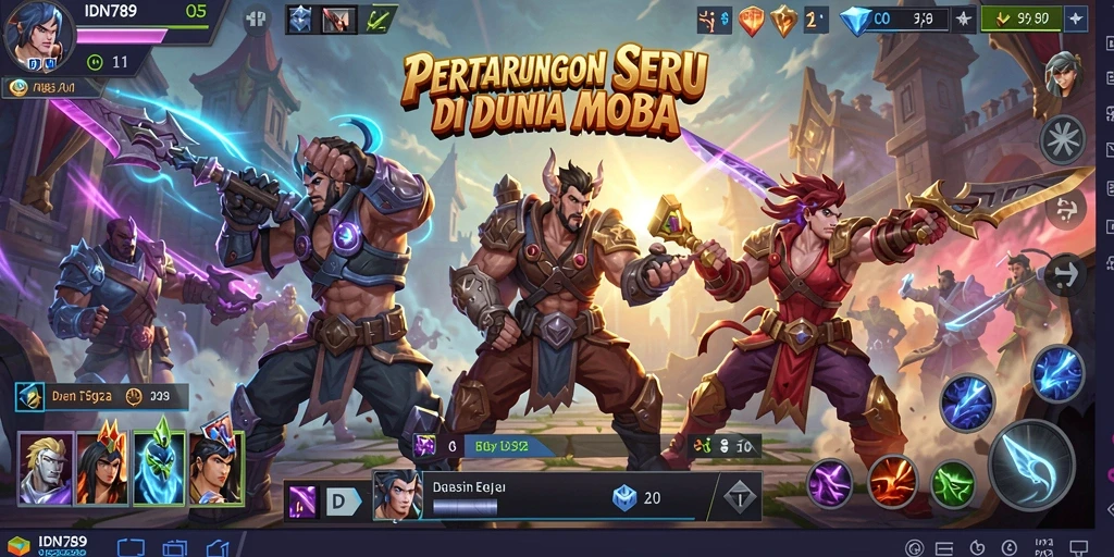 Gameplay seru MOBA dengan pertempuran tim yang dinamis.