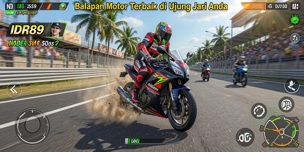 Tampilan gameplay balapan motor yang mendebarkan dan penuh aksi.