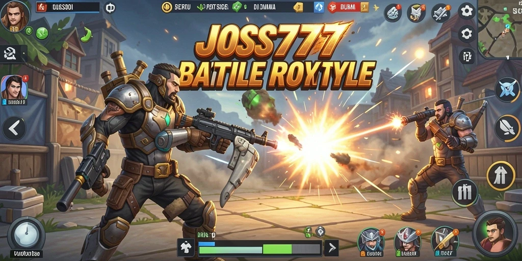Screenshot permainan JOSS777 menampilkan pertempuran seru di arena Battle Royale.
