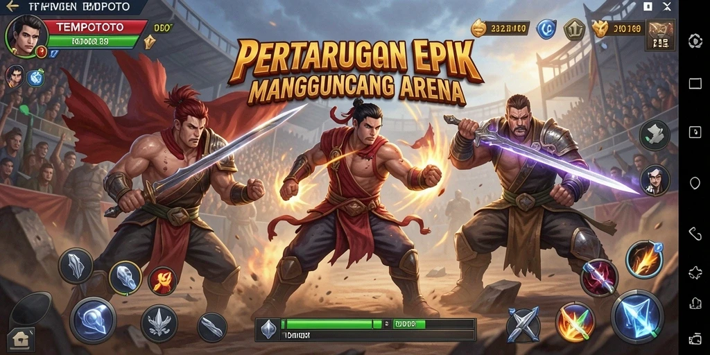 Tangkapan layar gameplay TEMPOTOTO yang menampilkan aksi pertarungan yang seru.